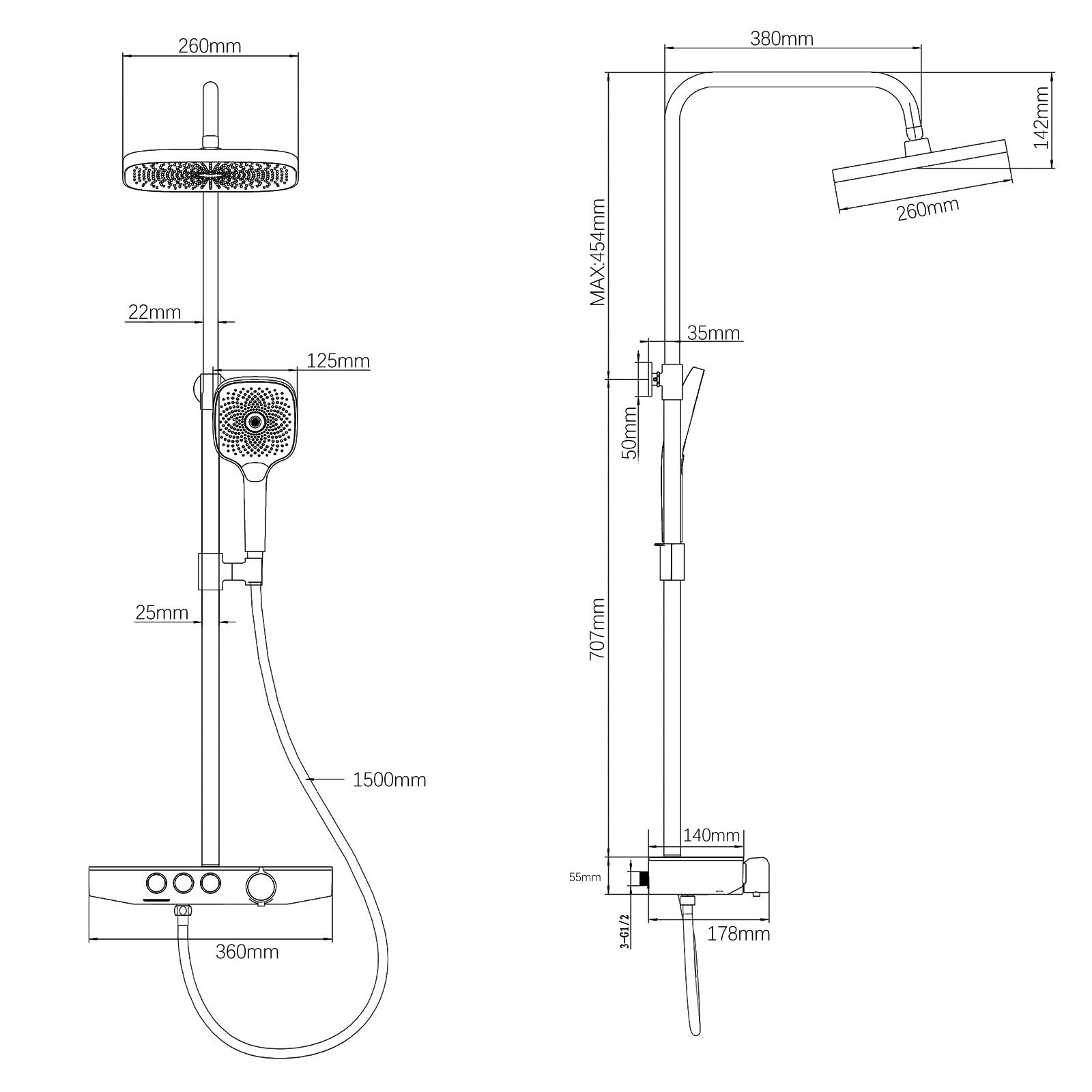 Rainsworth columna da ducha termostatica con repisa de cristal Cromo, ducha de techo de 26*26 cm, caño en cascada oculto, Alcachofa Ducha Lluvia y 3 Tipos Duchas de Baño, 920mm-1260mm barra de ducha | Rainsworth Juego completo de ducha con ducha de mano c