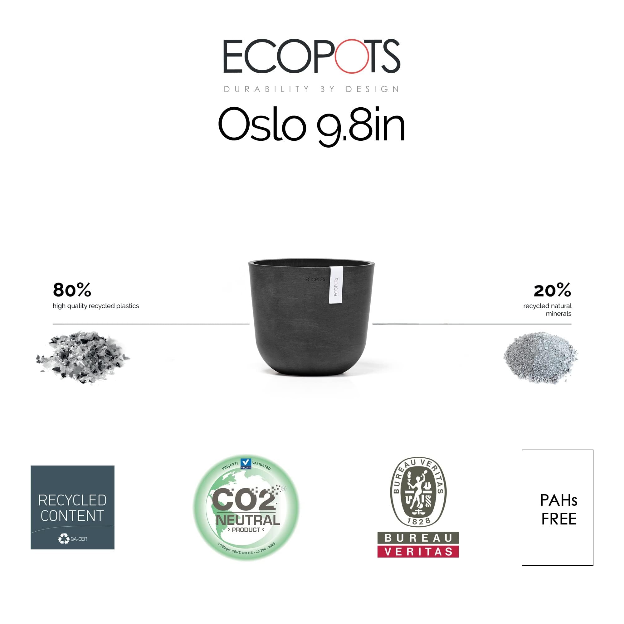 ECOPOTS Ashortwalk Vaso per piante in plastica riciclata, diametro 55 cm x altezza 47,9 cm, colore: grigio