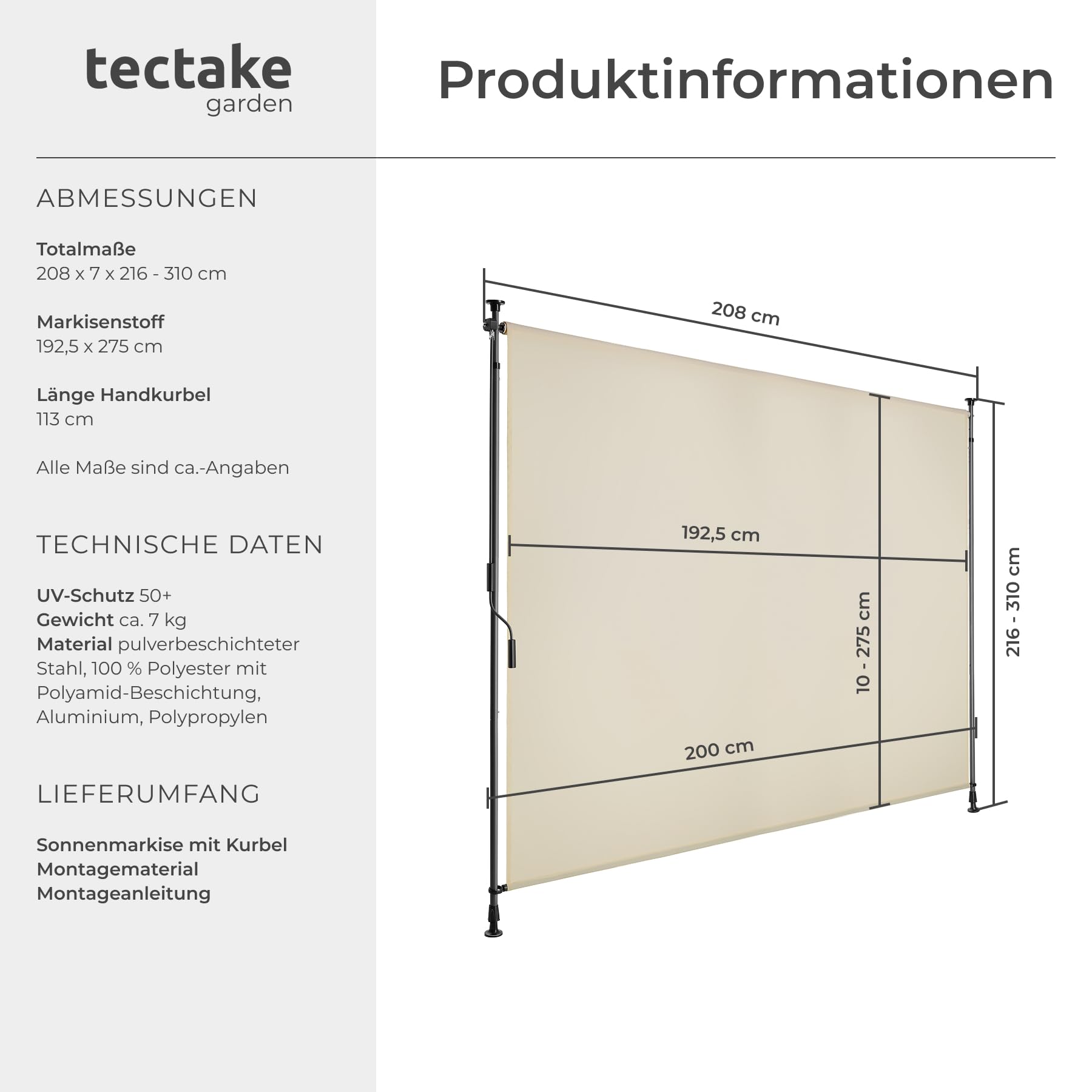 tectake® Klemmmarkise, Sichtschutz Markise Balkon ohne Bohren, Senkrechtmarkise mit Teleskopstange zum Klemmen, Windschutz, Sichtschutz, Sonnenschutz - beige, 200 x 310 cm