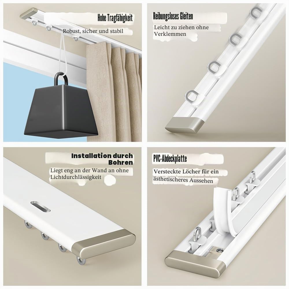 Stumme Vorhangschiene, 6 mm (0.2 in) ultradünne Vorhang-Schiene, Aluminium-Schiene für Decken- oder Wandmontage, glatt gleitend, ohne die Öffnung der Fenster innen und außen zu beeinflussen(1.20m/3.9