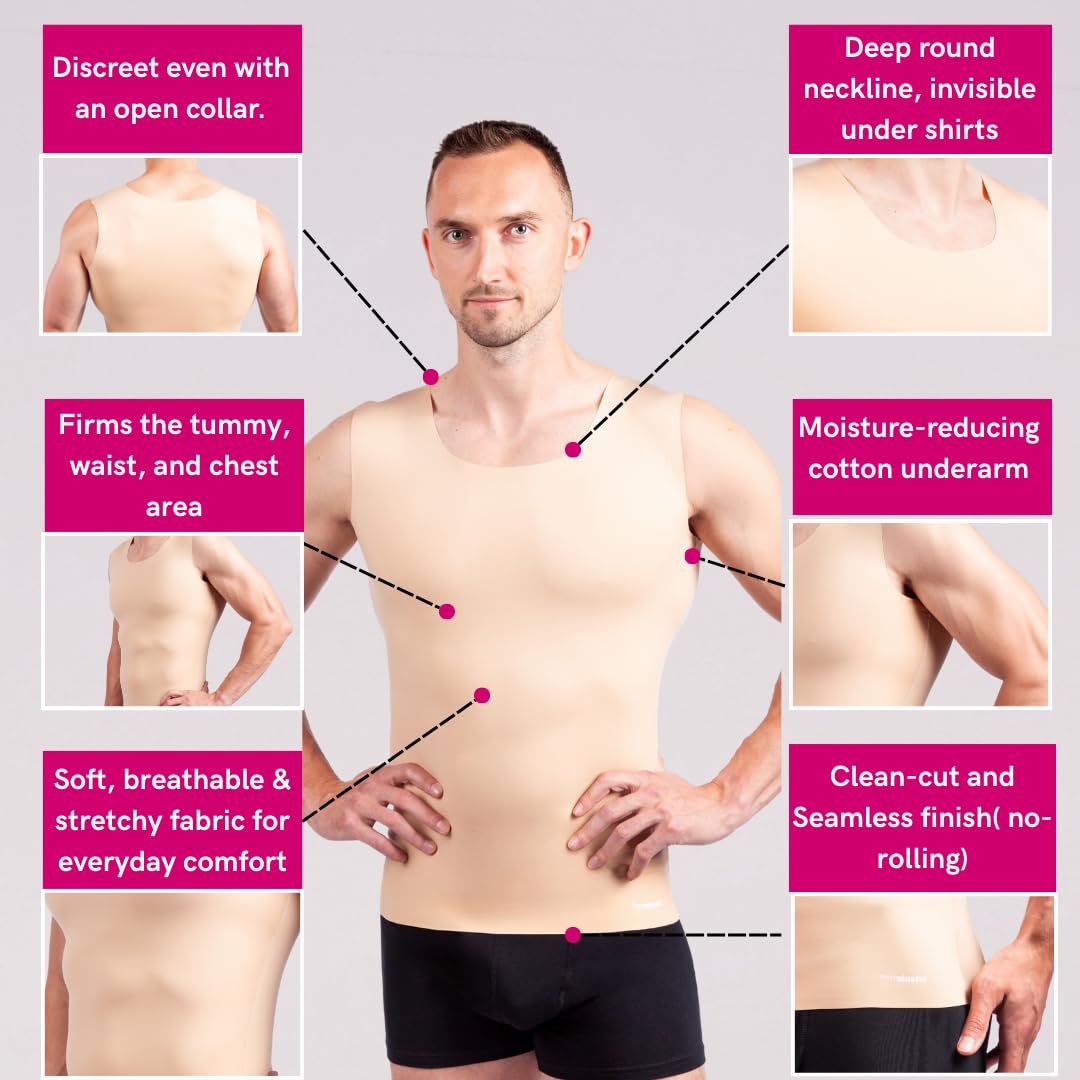 LIPOELASTIC Gilet Modellante Uomo Everyday Shape - Canottiera Contenitiva Invisibile con Bordi Taglio Laser Senza Cuciture, Scollo Rotondo Profondo, Inserti in Cotone sotto Le Ascelle