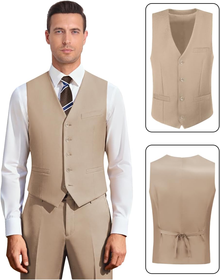 Men's 3 Piece Slim Fit Suit Set, Two Button Blazer Solid Jacket Vest Pants Wedding Business Suit - Image 4