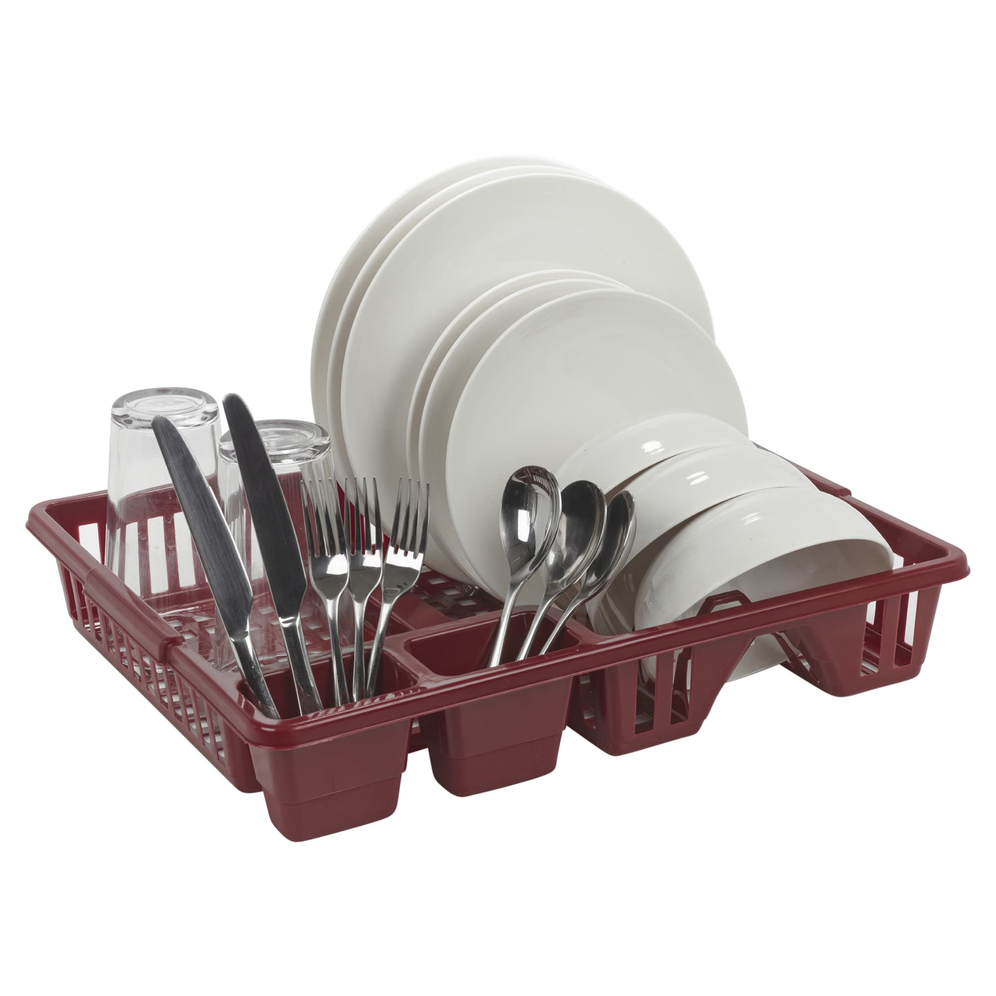 Urbnliving Red Plastic Compact Kitchen Sink Dish Drainer With Cutlery Draining Board Basket Utensil Holder Organiser (Red)