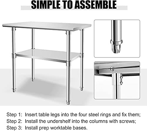 Miniatura 3 de Mesa de acero inoxidable para preparación y trabajo sin ruedas giratorias, mesa comercial resistente NSF con estante inferior y protector contra