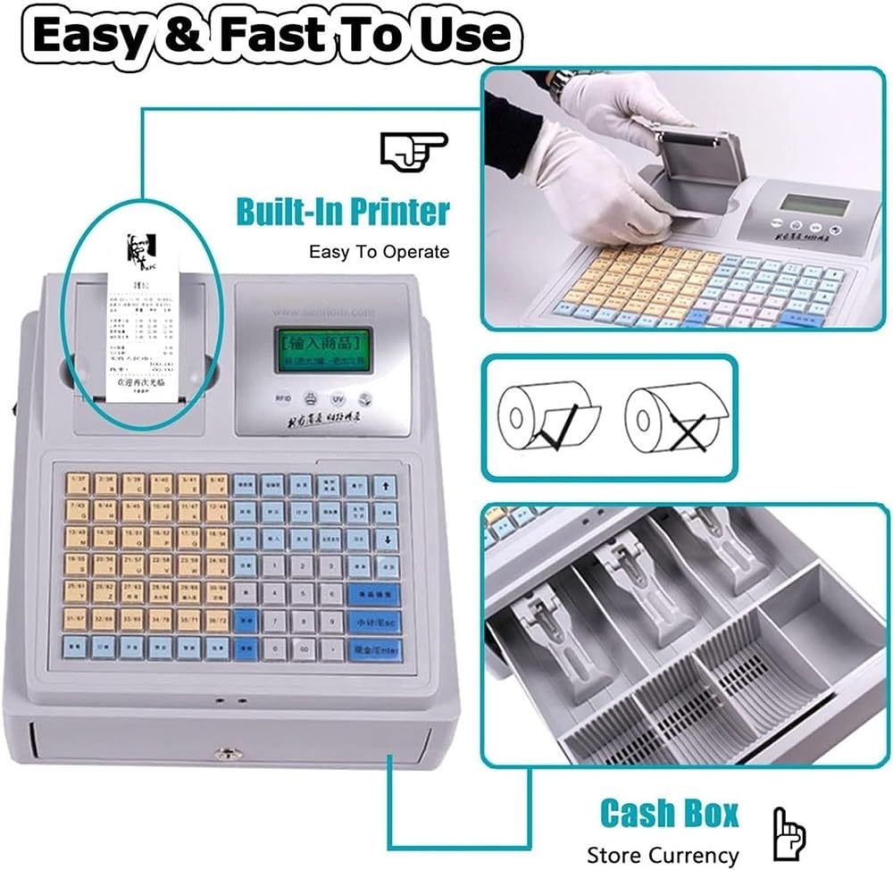 Caja registradora con Sistema POS, con Teclado Plano e Impresora térmica, multifunción, para Comercio minorista, supermercado y Restaurante.