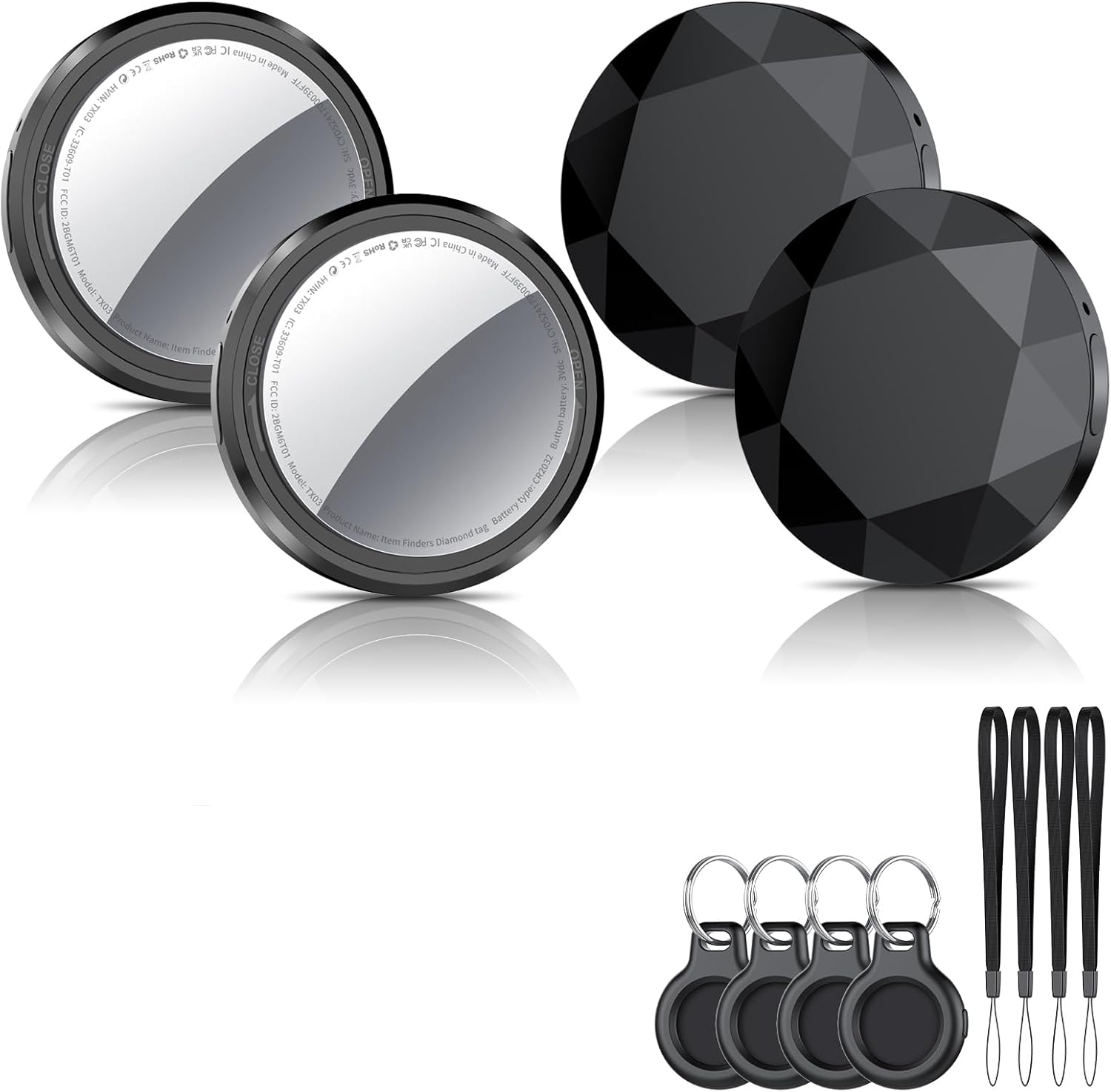 Image showing four QCOQ Smart Air Tracker Tags, two with a glossy finish and two with a matte, faceted design, along with four black silicone protective cases, four black lanyards, and four keyrings.