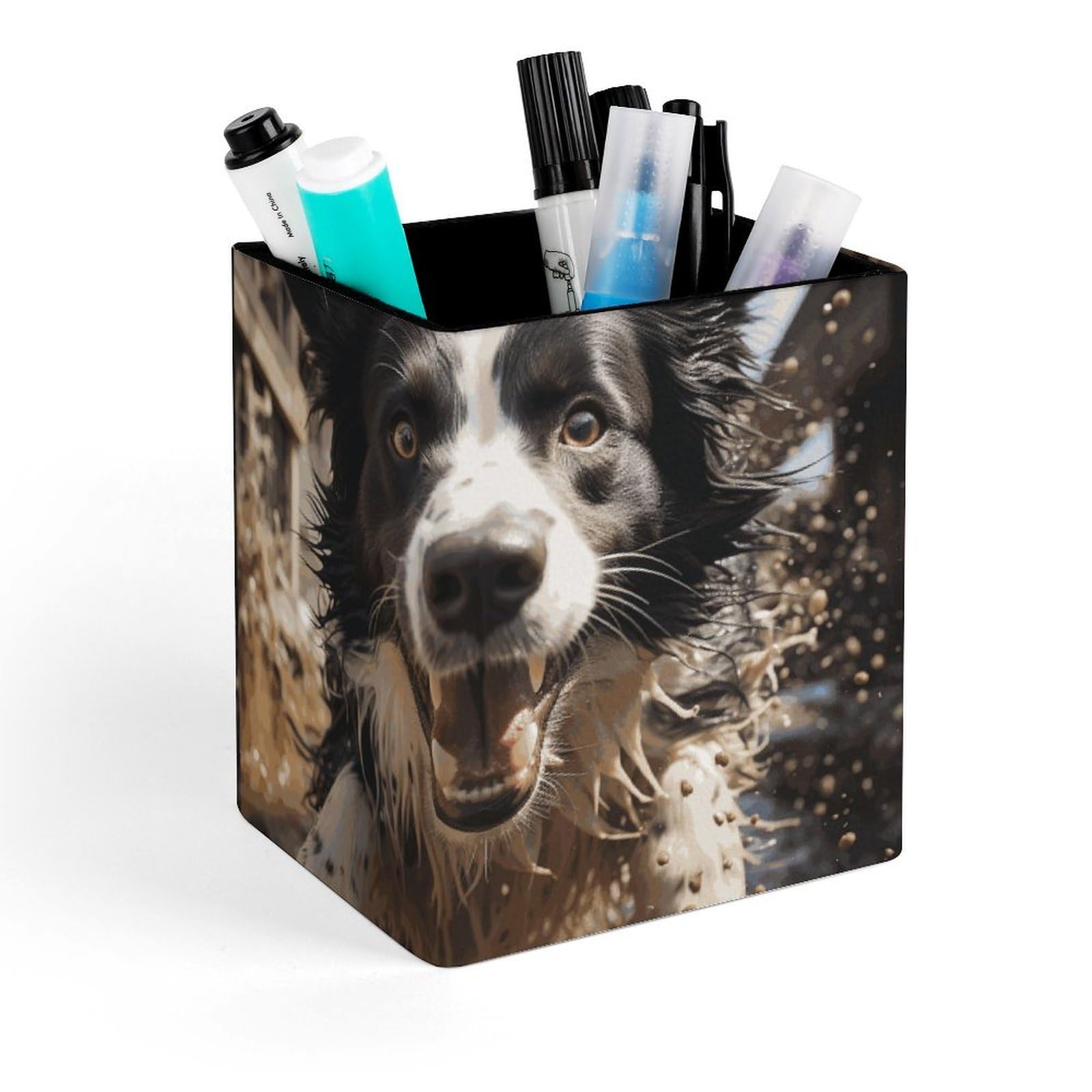 DWVTSLH Aesthetic Pen Holder for Desk - Modern Leather Pencil Holder - Stylish Square Makeup Brush Holder - Pastor Border Collie Pen Cup Cute And Functional Desk Organizer for Office Supplies