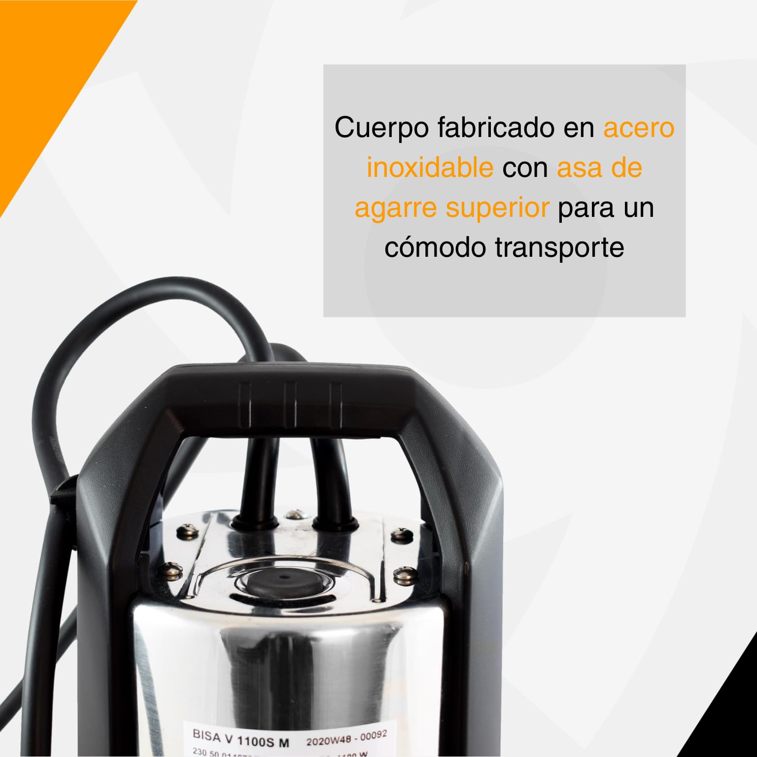 ESPA LEADER Bomba de Achique Sumergible BISA V 1100S M para Drenaje de Aguas Sucias y Fosas Sépticas, Caudal Máximo 18.000 l/h, Altura Máx. 8m, Acero Inox, con Interruptor de Nivel y 10m de Cable