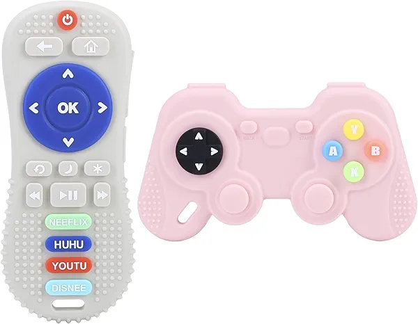 AULEGE 2 Pack Silicone Teething Toys, TV Remote Control & Game Controller Shape Silicone Teether Toys, Infant Sensory Toy for Boys and Girls 3-6-12 Months, BPA Free
