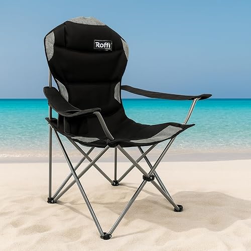 ROFFT Silla plegable de campamento para niño grande, soporte resistente de 250 libras, plegable, reposabrazos para césped con soporte para tazas y