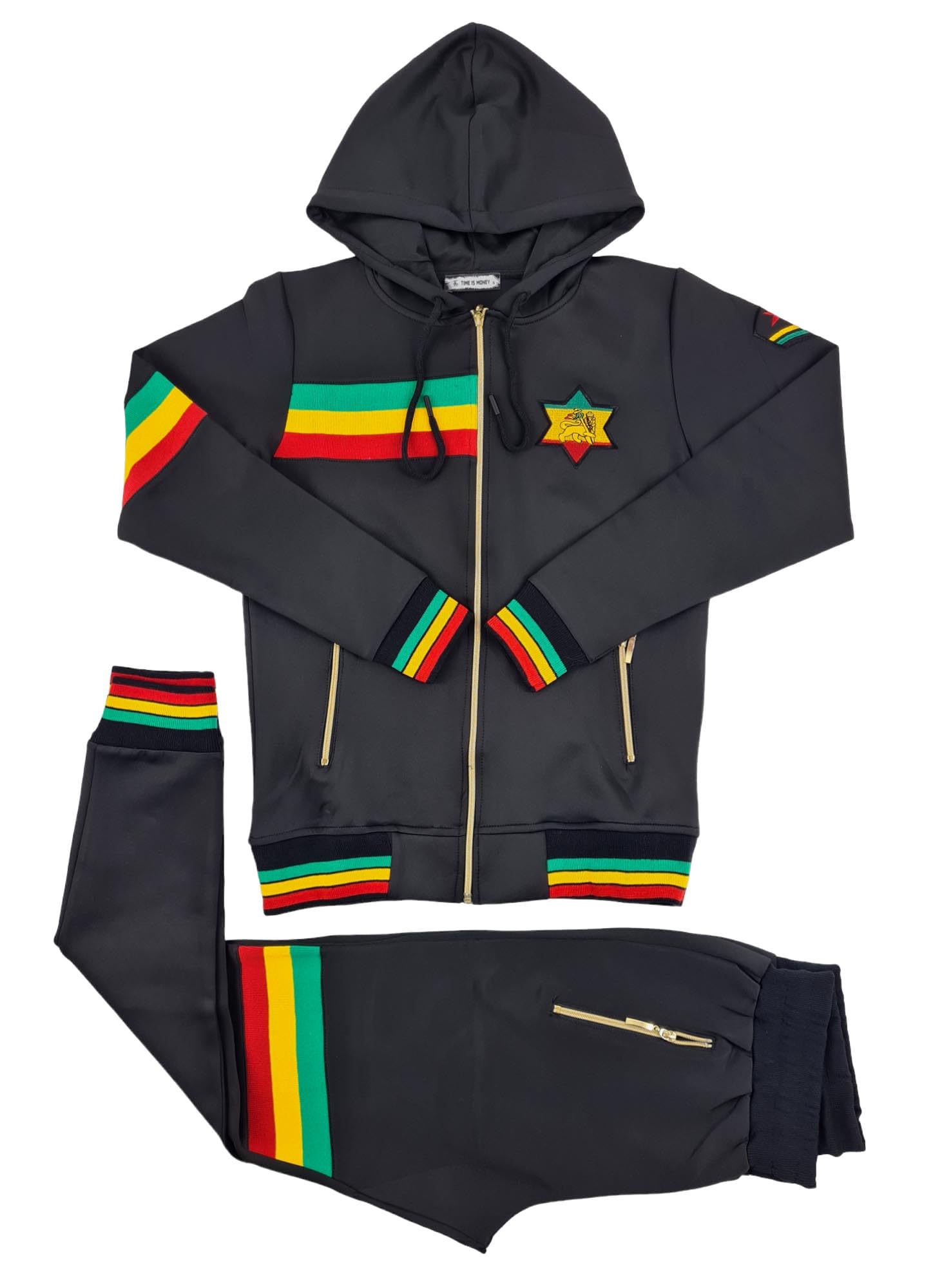 Time Is Money Urban Rastafari Rasta Lion Stripes Tuta da uomo, Nero, Oliva, Giallo, Rosso