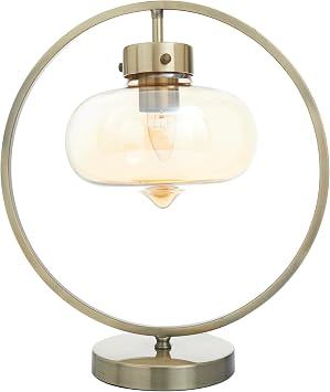 Deco 79 Metal Room Accent Lamp Circular Framed Table Lamp with Hanging Glass Shade, Lamp 14" x 8" x 15", Gold