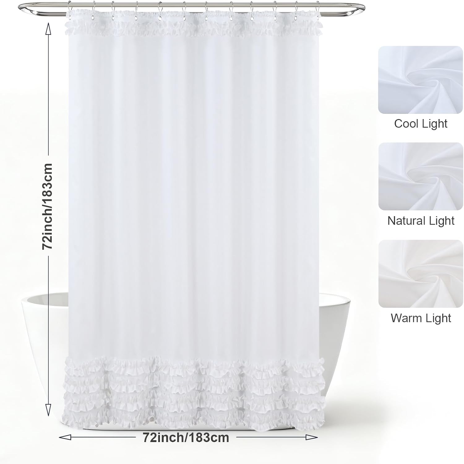 White Ruffle Shower Curtain, Girls Women Fabric Shower Curtain with Delicate Handcrafted Ruffles, Waterproof Ruched Farmhouse Decorative Bathroom Curtain, 72" W x 72" H