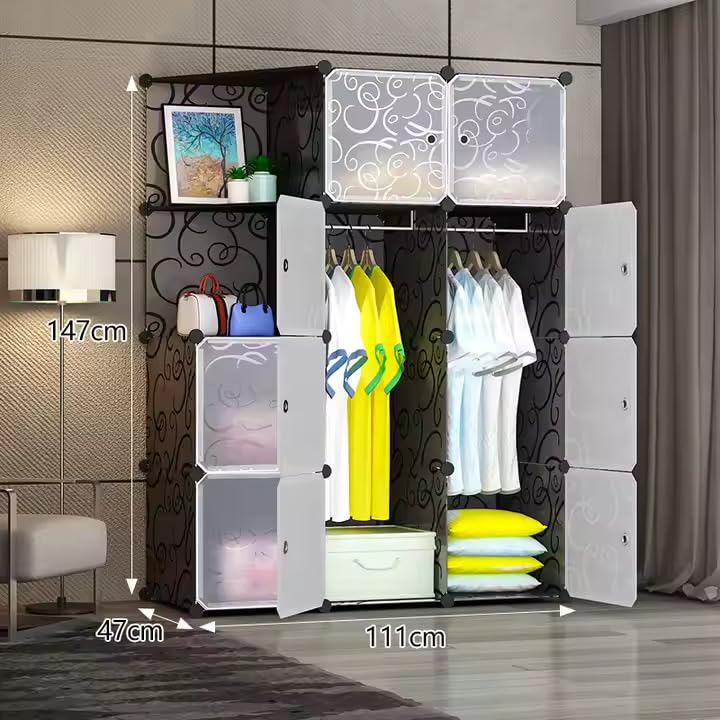 Image of Owme Collapsible Wardrobe for Clothes - DIY 12 Door Plastic Almirah for Clothes with Doors | Side Hanger, Foldable Wardrobe for Storage for Home | Storage Organizer for Clothes - Black