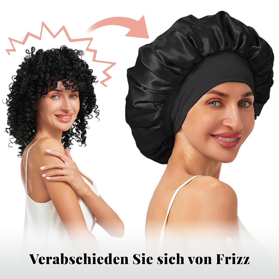 Satin-Seidenhaube zum Schlafen für Damen, Haarhaube zum Schlafen mit Gummiband, große Seidenhauben für Männer und Frauen, lockige Haarzöpfe (schwarz + rosa), 2 Stück
