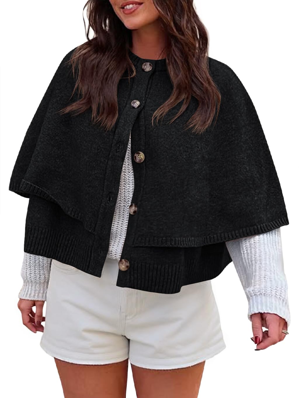Saodimallsu Womens Cropped Cape Cardigan Button Up Crew Neck Jacket Shawl Fall Trendy Knit Sweater