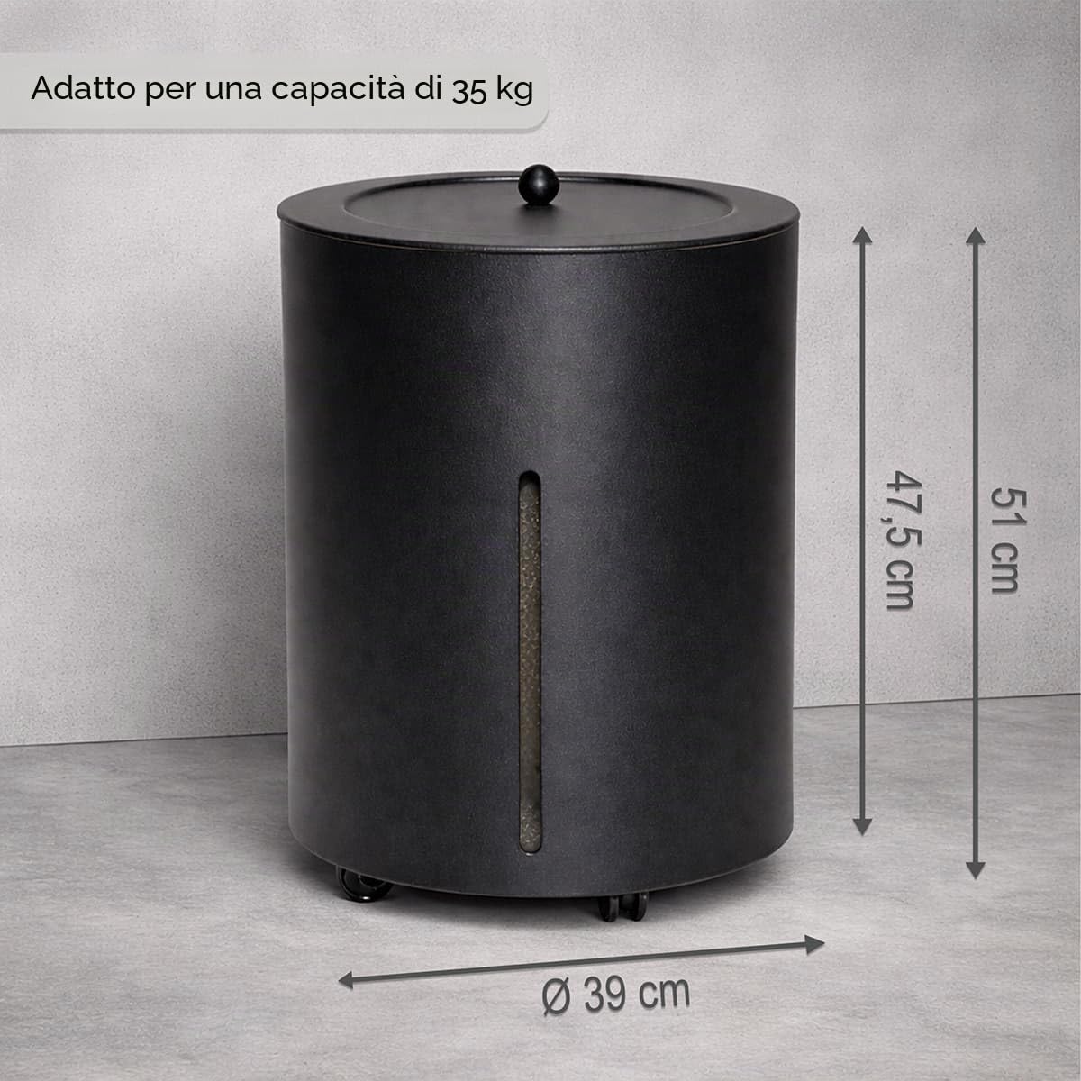 MS Beschläge Contenitore per pellet con rotelle, rotondo, ø 38 cm, nero, rivestito in metallo, altezza 50 cm