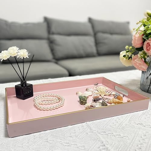 Miniatura 6 de Bandeja de servir rosa con asas, bandeja decorativa rectangular para mesa de café, bandeja otomana de plástico para sala de estar, baño, mesa de