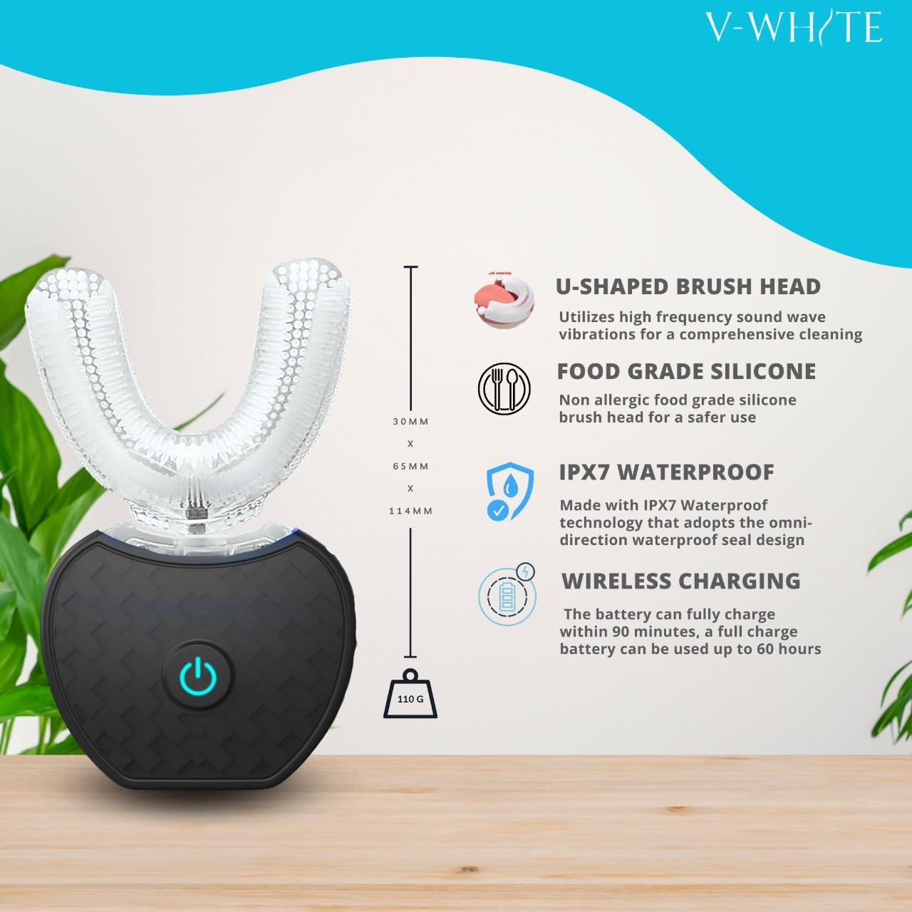 V-WHITE Ultrasonic U-Shaped Toothbrush for Teeth Whitening, Electric Toothbrush for Adults & Kids - 360° Mouth Cleansing - Wireless Charging & LED Light -Waterproof IPX7 Certified