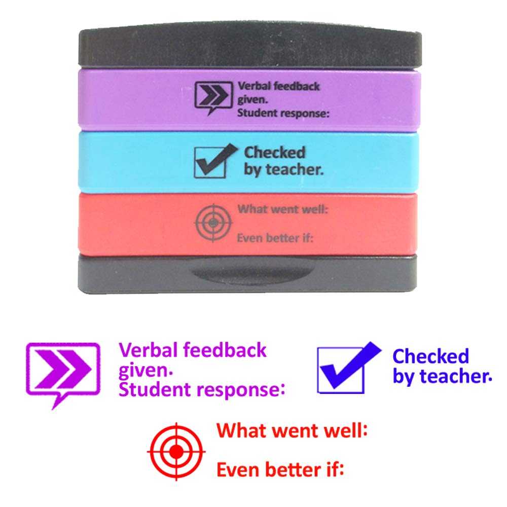 Teacher Feedback 3-in-1 Layer Stamp: Verbal Feedback/Student Response, Checked by Teacher, What Went Well: / Even Better if:. Self-Inking, Reinkable Stamper