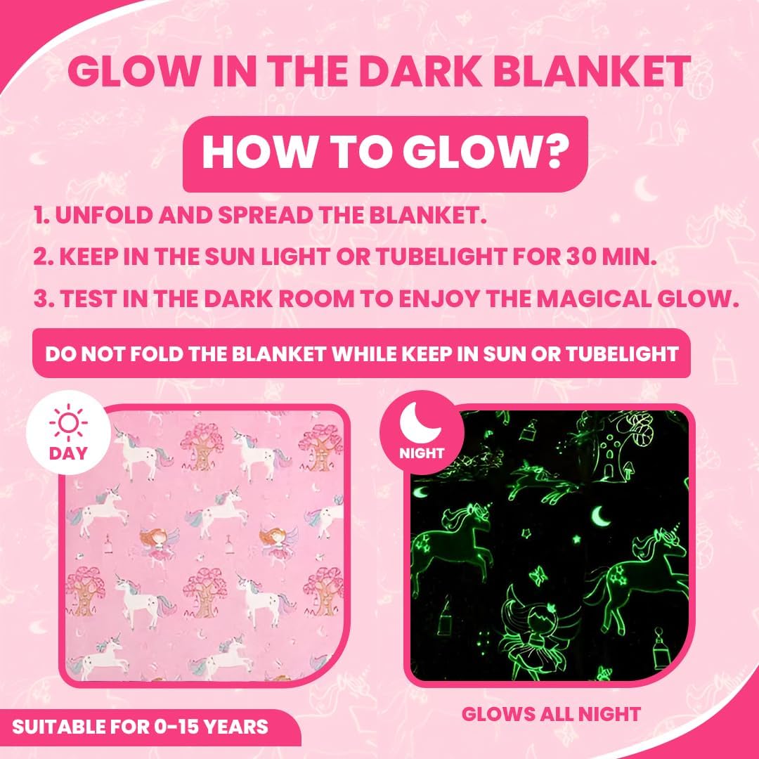 DOCAT Glow Blanket for Kids 0-15 Years, 200×152 cm Double Bed Blanket for Girls Boys, Soft Cozy Flannel Fleece Throw Blankets for Winter, Radium Blanket Ideal Gift for Boys & Girls (Pink Unicorn)