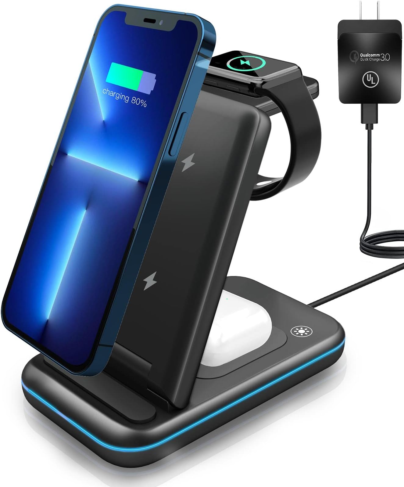 MSTJRY Wireless Charging Station, 3 in 1 Wireless Fast Charger Stand for iPhone 16/15/14/13/12/11/Pro/Max/XS/XR/X/8/Plus, for Apple Watch Ultra 8/7/6/5/4/3/2/SE, for AirPods 3/2/Pro(Adapter Included)