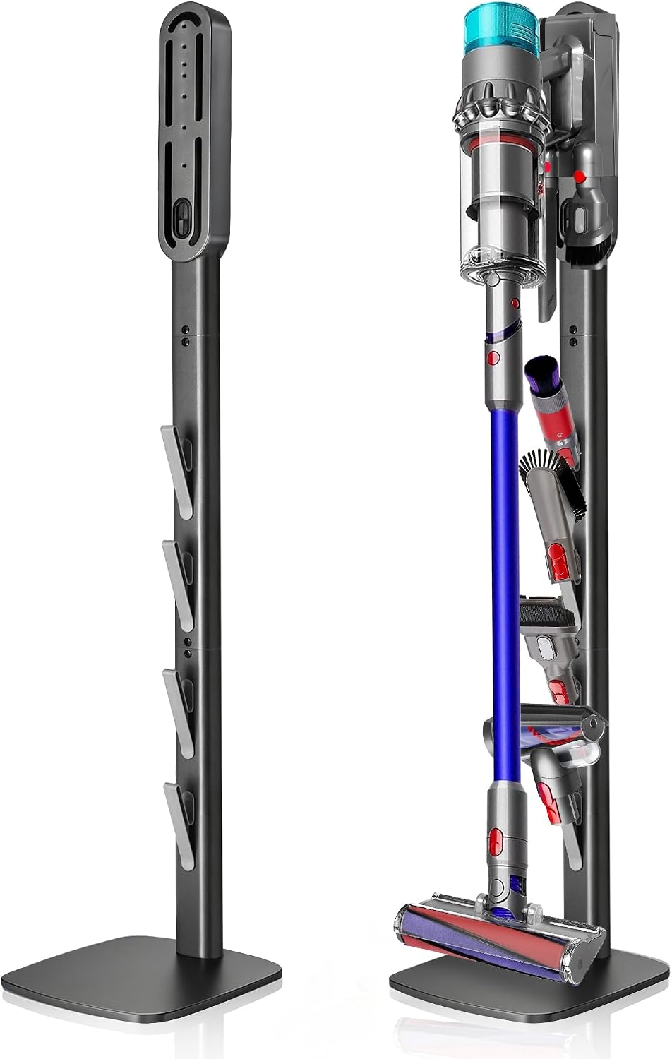 Vacuum Stand for Dyson V16 Gen5 V15 V12 V11 V10 V8 V7 V6 – Stable Metal Holder w/Hidden Cord Management & 4 Hooks, Storage Rack for Dyson Cordless Vacuum & Accessories, Easy Assembly, Dark Gray