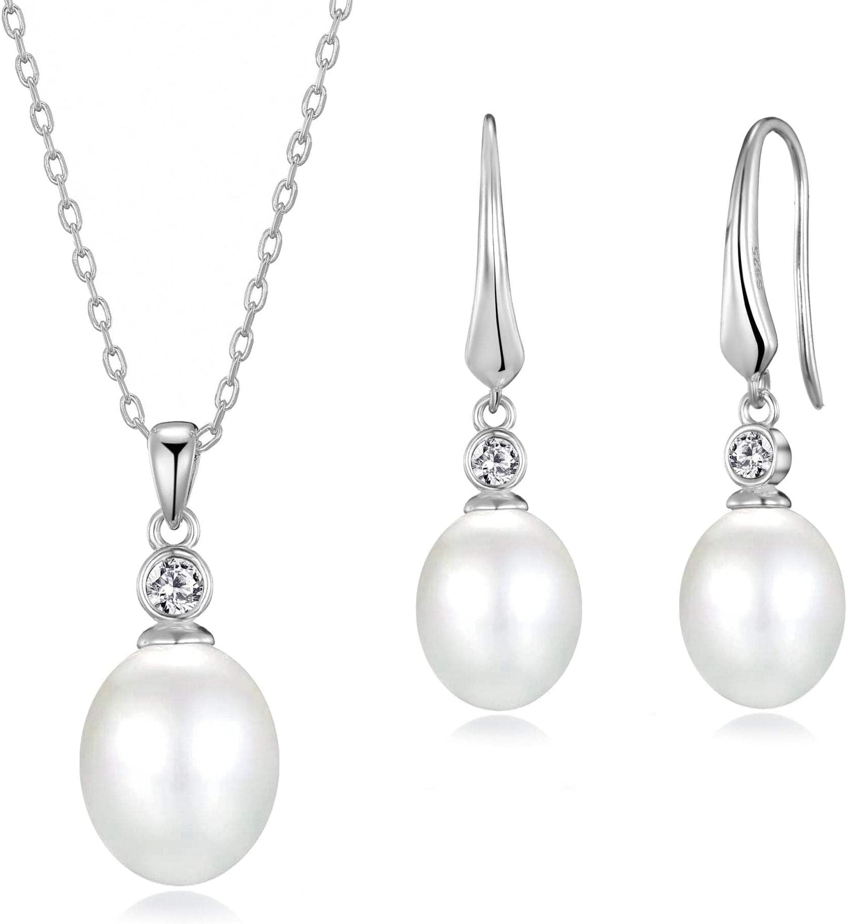 Sterling Silver White Pearl Drop Set Created with Zircondia® Crystals