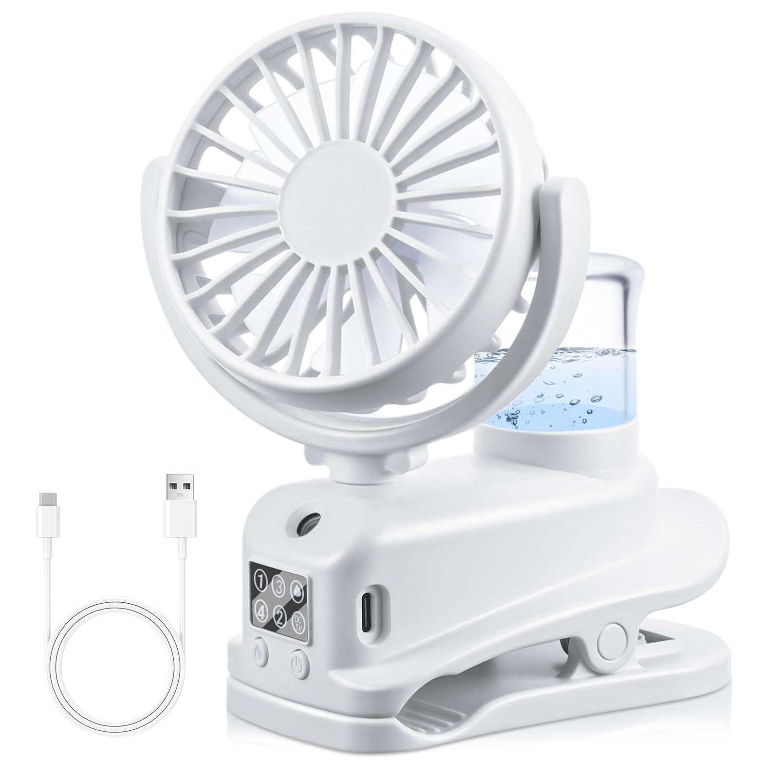 JIZZU Clip on Fan with Water Spray, 4 Speeds Wind Desk Fan, USB Rechargeable Mini-fans with Clip, Adjustable Misting Fans with LED Display, Desktop Personal Fans for Dormitory Office Camping-White