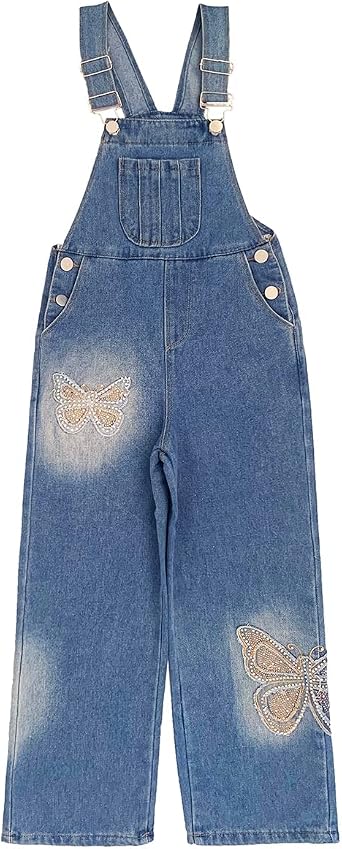 Peacolate 5-14years Little Big Girls Butterfly Embroidery Blue Denim Overalls