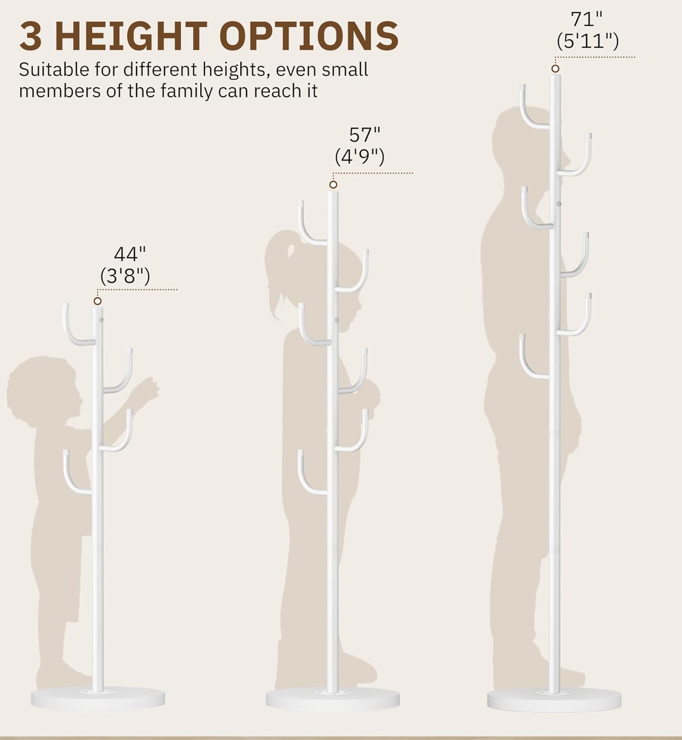 MISSLO Heavy Duty Coat Rack Freestanding 4 Adjustable Size Coat Tree with Stable Wood Base Coat Hanger Stand with 6 Hooks Standing Clothes Tree for Bedroom, White