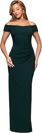 Xscape Womens Scuba Crepe Short Sleeve Off The Shoulder Ruched Floor Length Dress