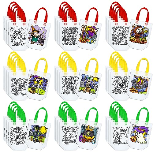 Kacctyen 45 Pcs Halloween Coloring Goodie Tote Bag for Kids, DIY Craft Tote