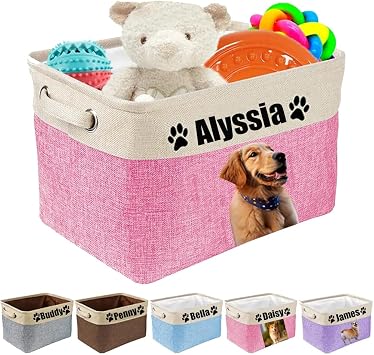 Personalized Dog Toy Storage Basket Bin with Pets Photo and Name for Pet Toys, Blankets, Leashes Storage Boxes Basket