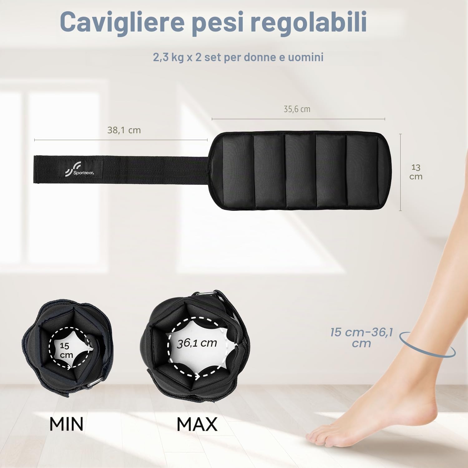 Sportneer Pesi alla caviglia regolabili: pesi delle gambe regolabili migliorati, pesi pesi per palestra, fitness, allenamento, 0,5 – 2,3 kg per caviglia, 0,9 – 4,5 kg per coppia