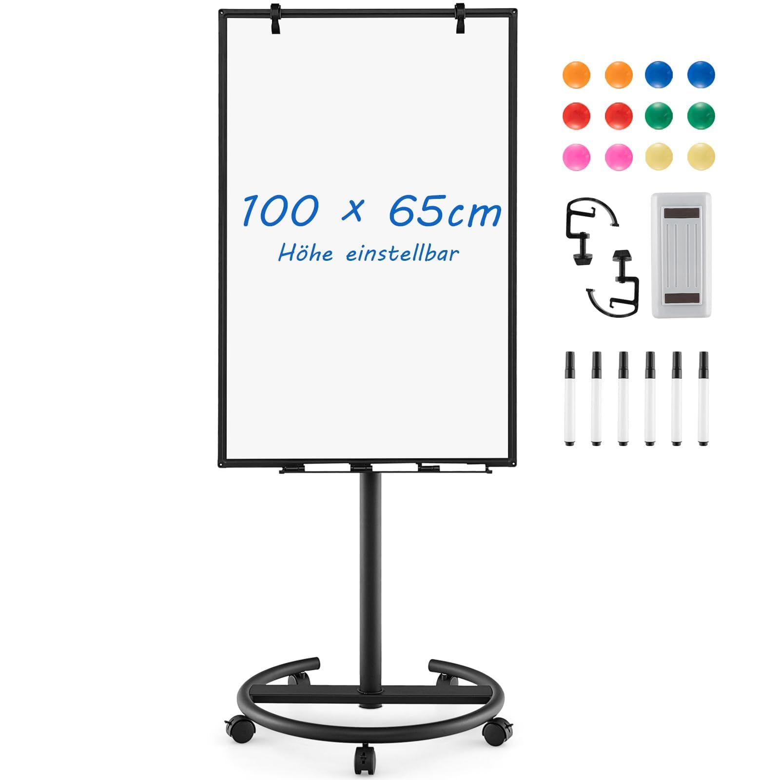 FANTASK mobiles Whiteboard, 100x65cm, Flip Chart auf Rollen, trocken abwischbar, höhenverstellbar bis 192cm, magnetisch, Flipchart Ständer mit Markern, Magneten, rundem Ständer & Radierer