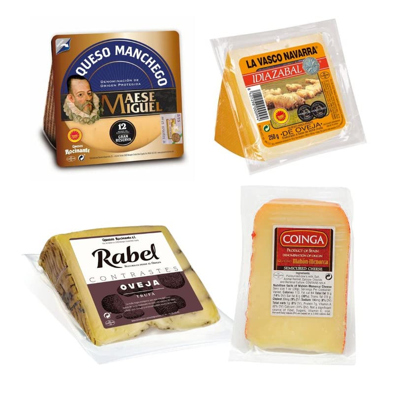 Le Gourmet CentralSpanish Cheese Gift Basket Box – 4 PCS - Manchego Gran Reserva, Idiazabal, Mahón, Aged with truffles Platter Perfect Holiday Dinner Gift, 64.0 Ounce