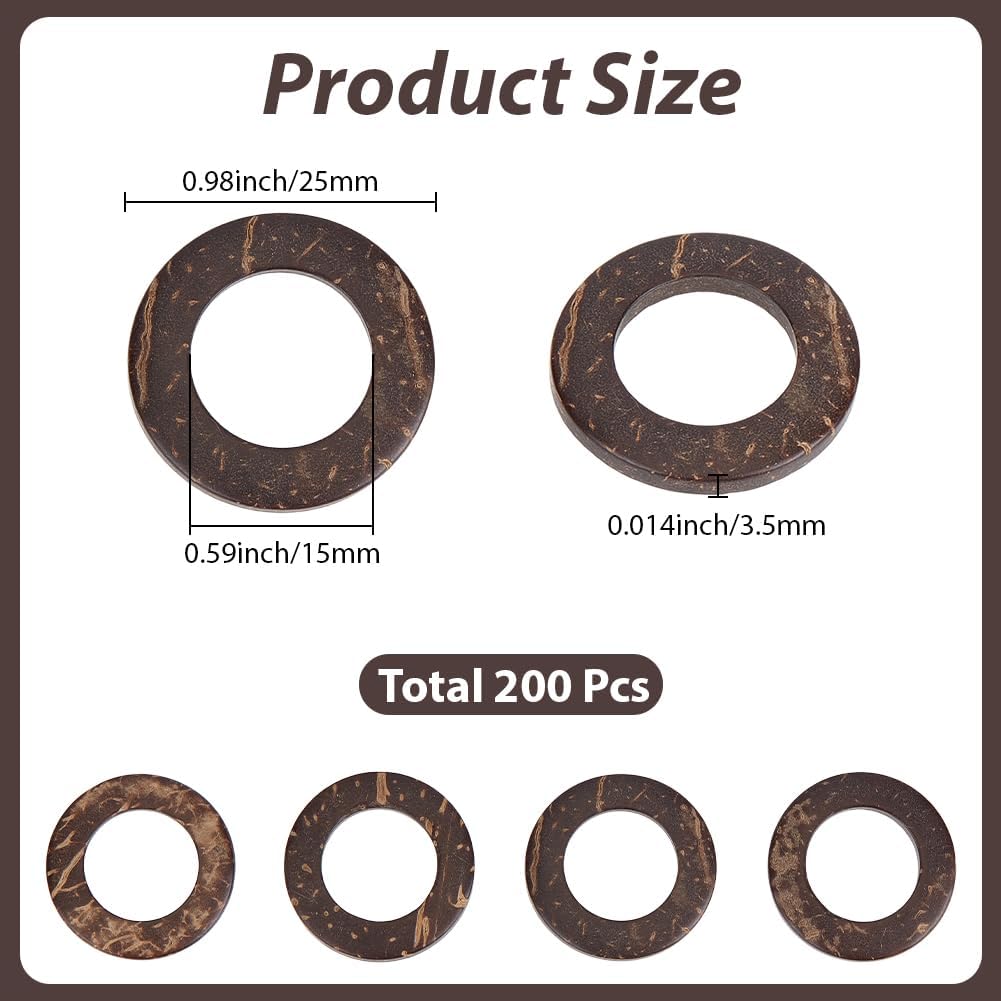 SUNNYCLUE 200Pcs Coconut Wood Rings Wooden Craft Ring 25mm Smooth Flat Round Circle Loop Linking Dyed Hollow Connector Beads for Jewelry Making Earring Necklace Bracelets Macrame Pendants DIY Crafts