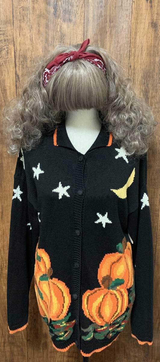 ハロウィン　カボチャ　パンプキン　ニット　カーデ　かわいい　黒　刺繍　古着 ハロウィン カボチャ パンプキン ニット カーデ かわいい 黒