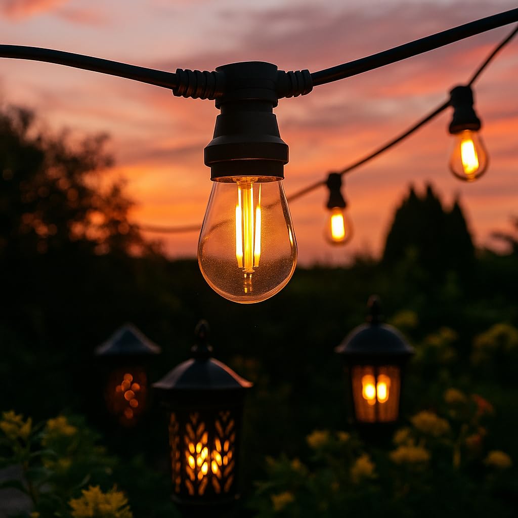 Guirnalda de Luces Exterior, 10-100m, IP65 Impermeable, E27 LED, Cable Plano de Goma Negro, 230V, Luz Cálida 2200K, Conectable, para Jardín y Terraza (10 metros con 20 bombillas)