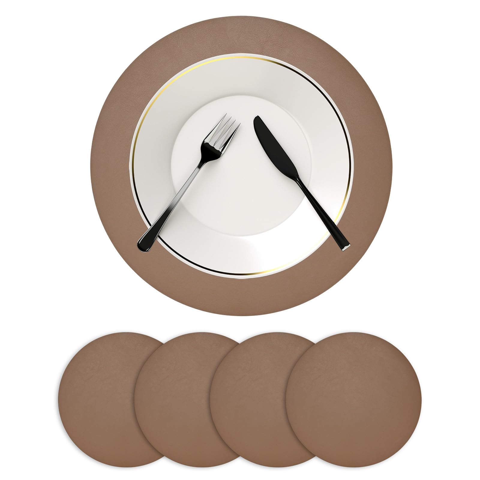 M METERXITY Round Placemats Set of 4, 13 Inch PVC Leather Place Mats Washable Heat Resistant Non-Slip for Dining Table/Kitchen/Party Decoration, Reversible Table Mats [Cardamom Color]