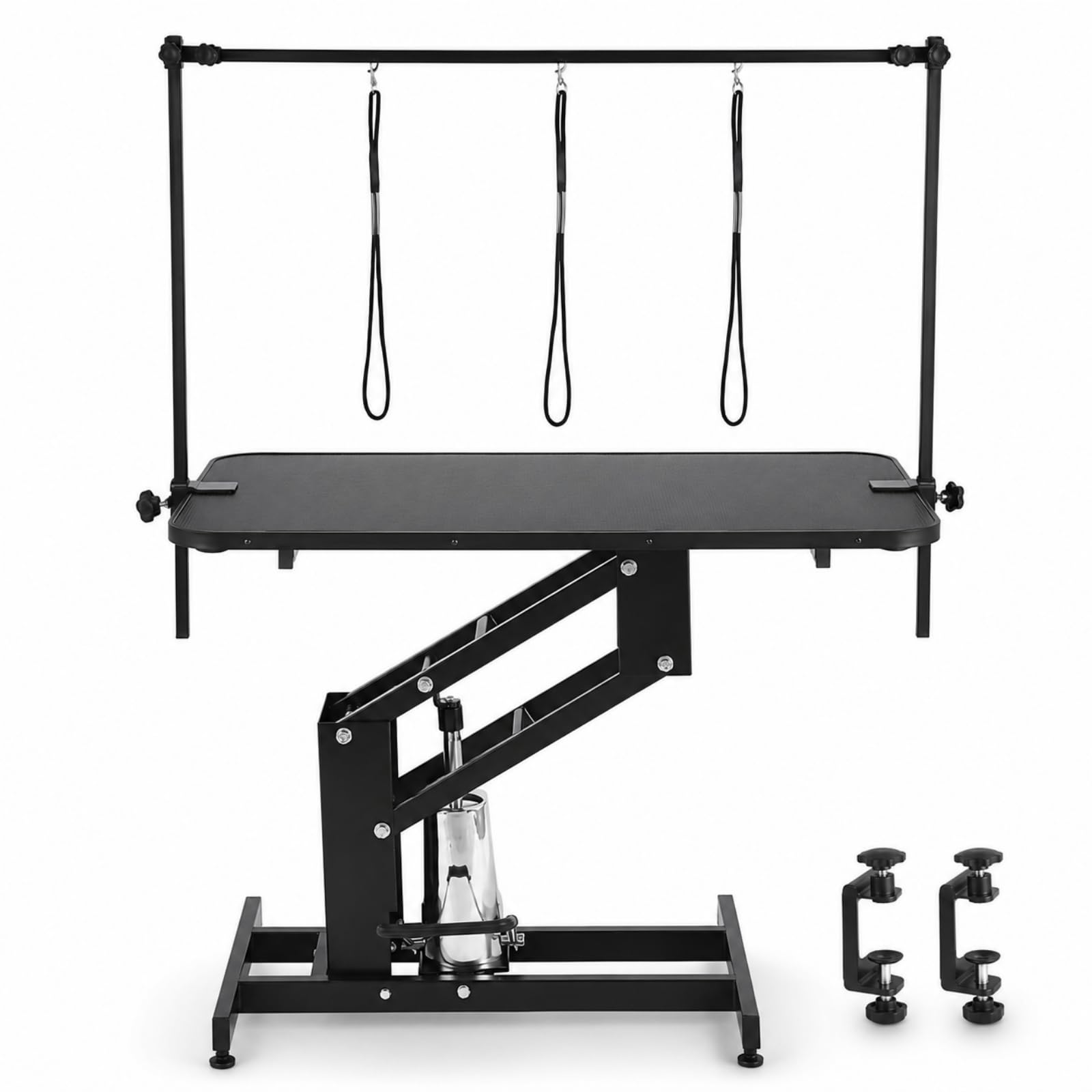 Hundepflegetisch hydraulisch, höhenverstellbarer Trimmtisch Hund 57–98 cm, 110 × 60,8 cm Pflegetisch für große Hunde, rutschfeste PVC-Oberfläche, 3 Nylon-Halteschlaufen, Schwarz