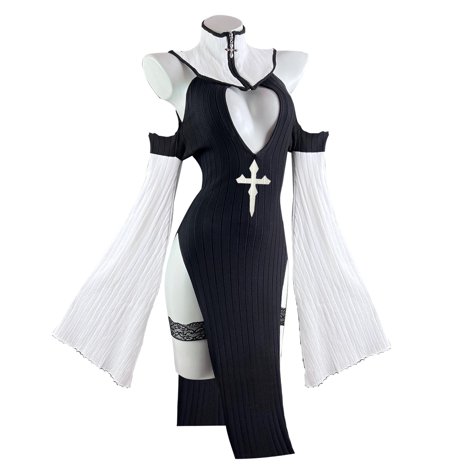 KORURACLUB Costume Sexy da Suora Anime (Set da 3 Pezzi) per Cosplay e Suora Sexy (Nero, XS-M)