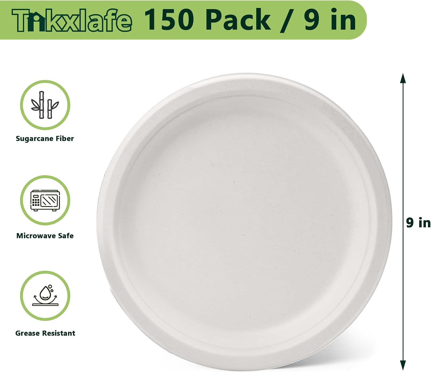 150 PCS Compostable Paper Plates, 9 Inch Dessert Paper Plates Disposable Heavy Duty, Eco-Friendly Biodegradable Sugarcane Bagasse Sturdy Paper Plates Bulk for Party, Dinner, Wedding, BBQ