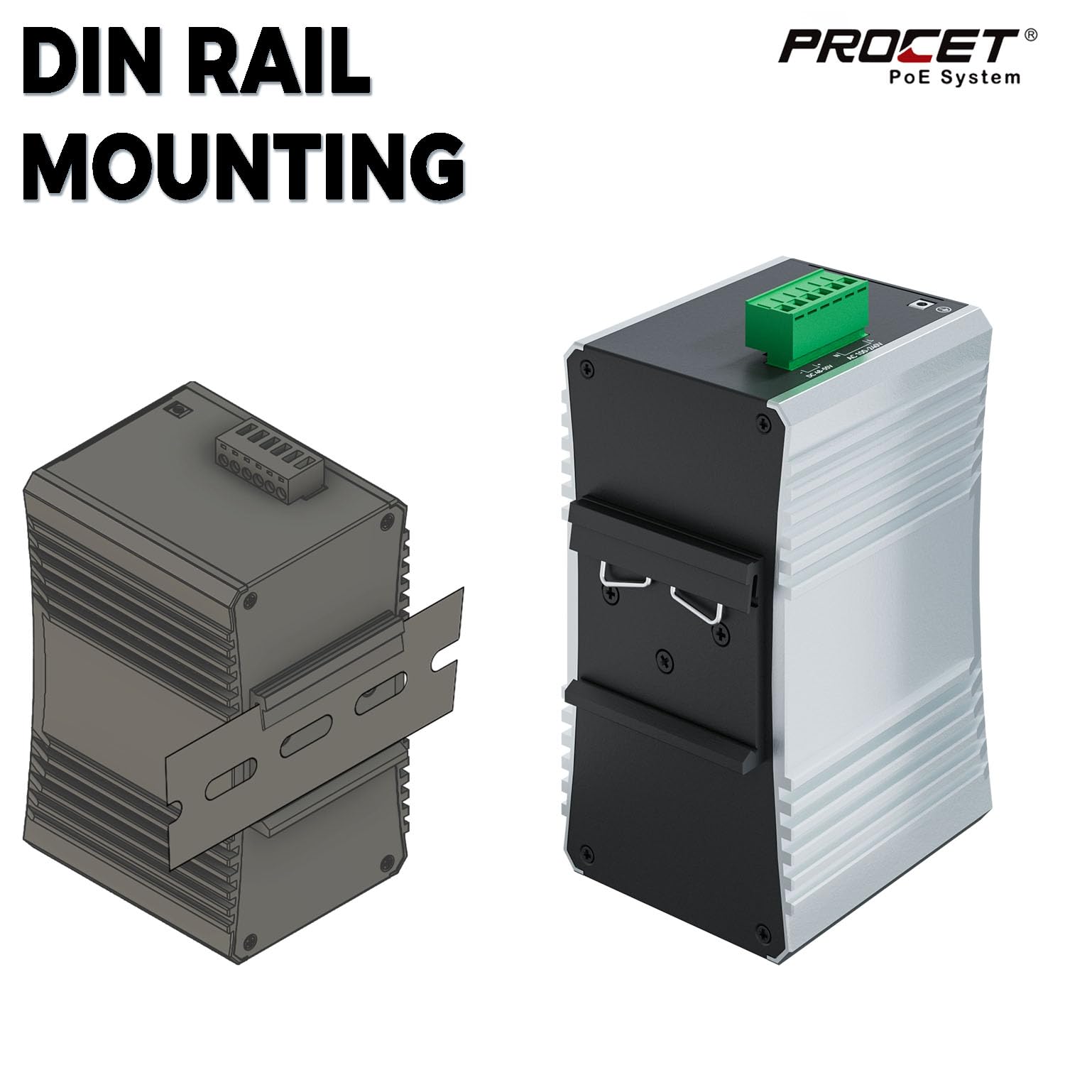 Procet Commutateur PoE Gigabit 4 ports Din Rail, 90 W/port, convertisseur de média en fibre PoE++ industriel avec large température -40 °C à 65 °C, fente SFP, entrée AC/DC,