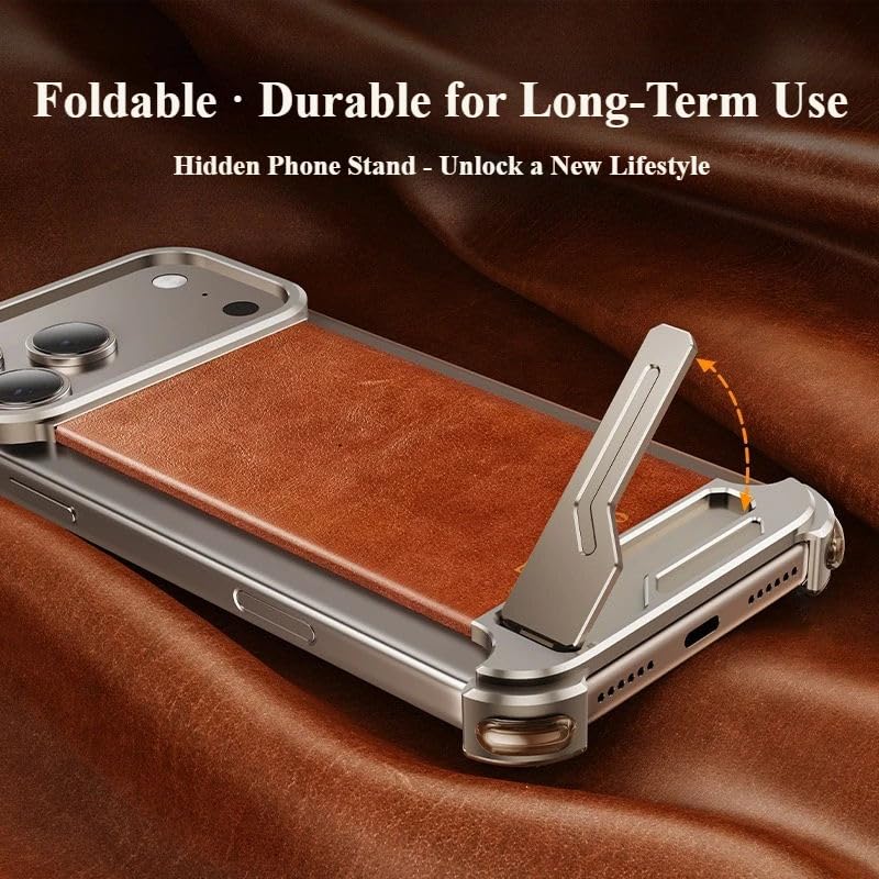 Image of Luxury Magnetic Leather Phone Case Compatible with iPhone 17 Pro Max with Hidden Stand | Frameless Aluminum Alloy Bumper | Shockproof Cover - Black