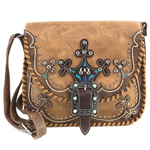 Justin West Spring Floral Buckle Moccasin Native Tribal Messenger Purse Cross Body Strap (Tan Messenger Only)