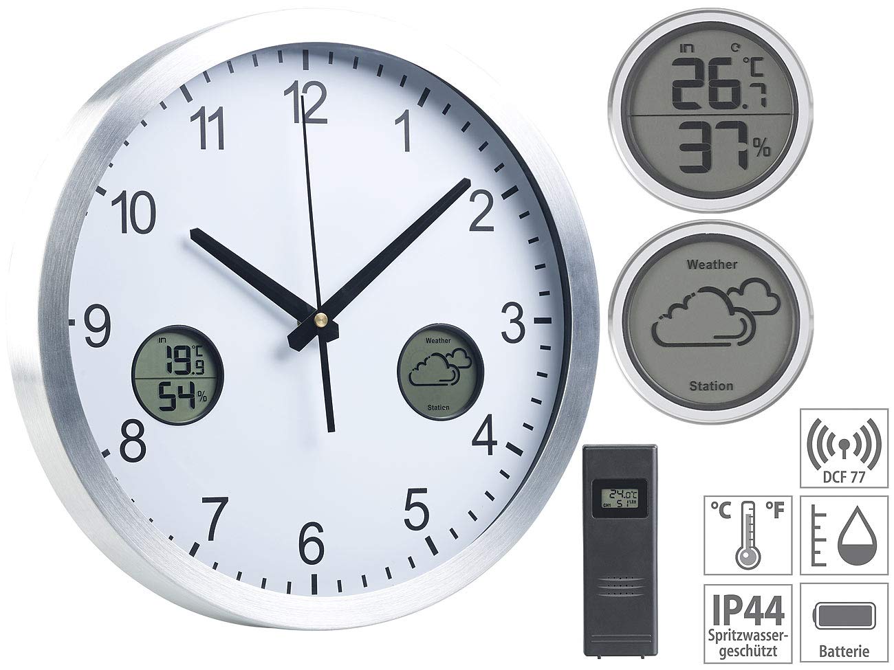 Funk-Wanduhr mit digitaler Wetterstation und Funk-Außensensor, DCF77