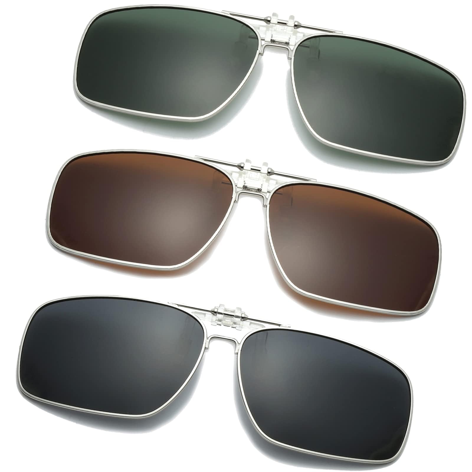 3 Pack Clip on Flip up Polarized Lens Sunglasses for Prescription Glasses for Men and Women, UV Protection Eyewear for Fashion, Driving, Fishing, and Outdoor Sports(Dark Green + Brown + Grey)
