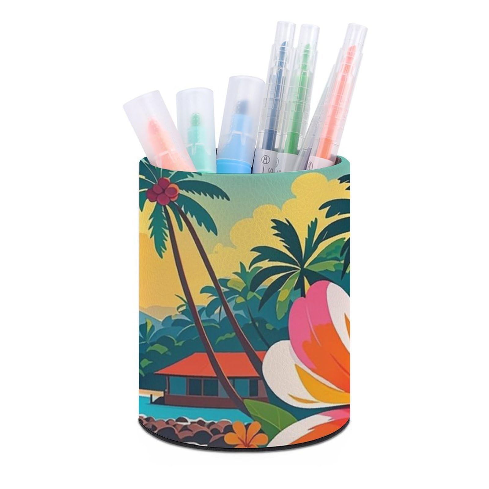 FekiLoot PU Leather Round Pen Holder Hello Hawaii Pencil Holder Desk Organizer Pen Organizer Pen Cup Pencil Cup Caddy Desktop Stationery Organizers for Office Home Supplies